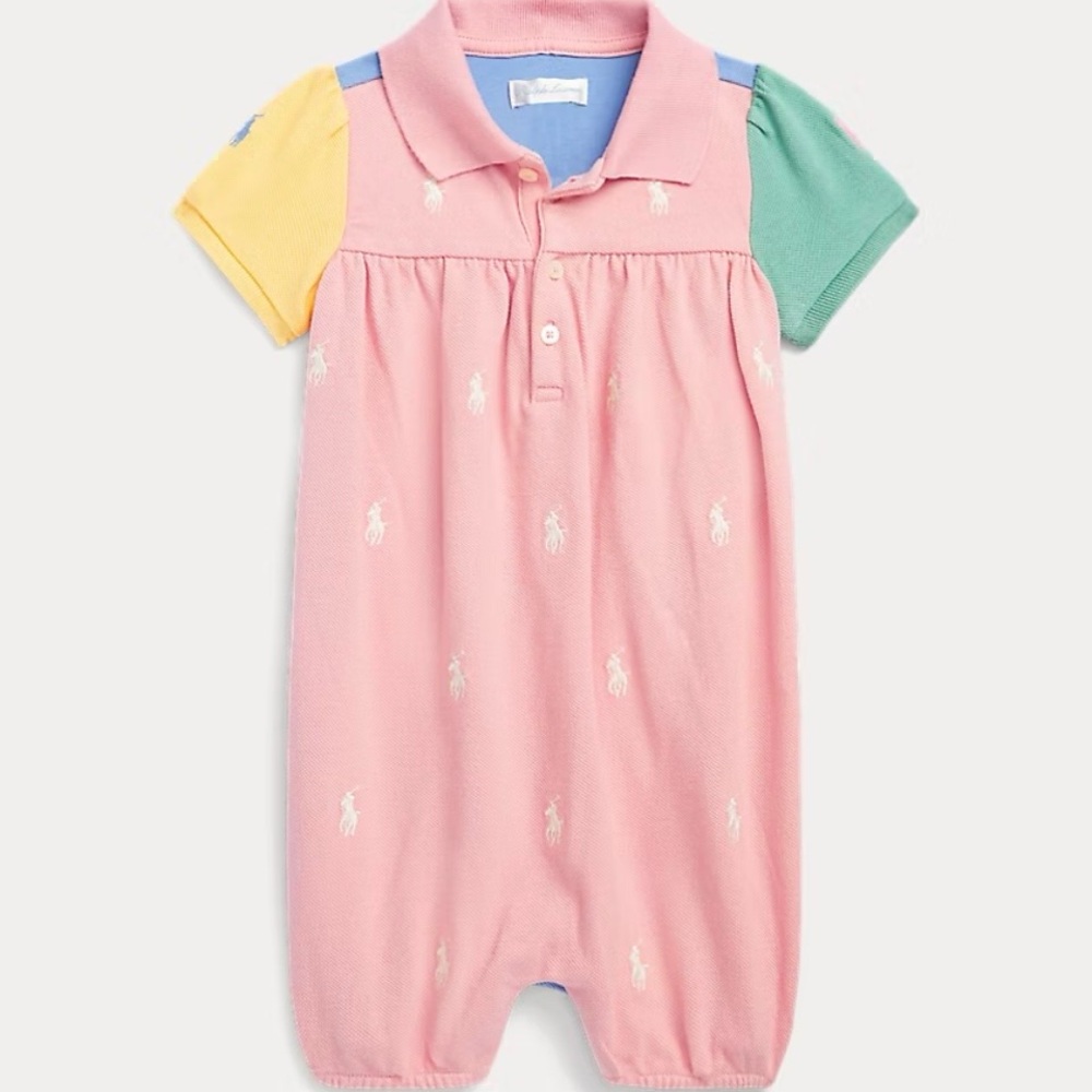 Ralph Lauren Pink Polo Baby Romper with Colorblock Sleeves